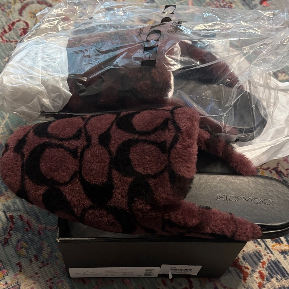 Coach Maroon and Black Fuzzy Slippers